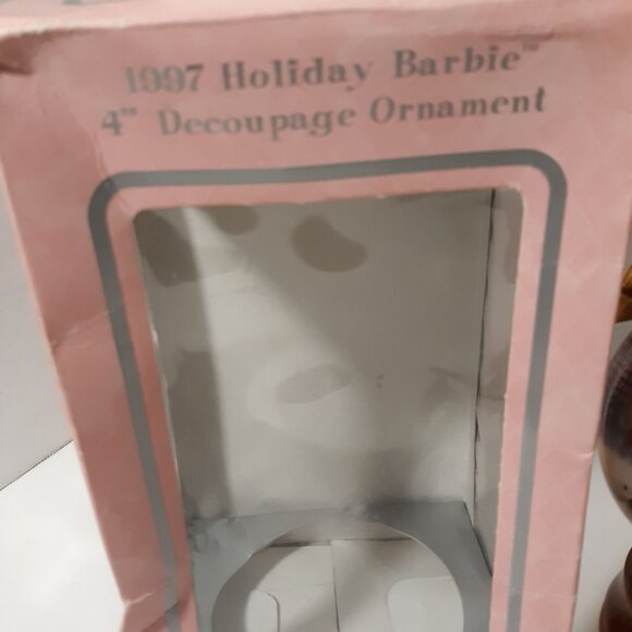 1997 Holiday Barbie 4" Decoupage Ornament With Box & Wooden Display Stand - Picture 3 of 6
